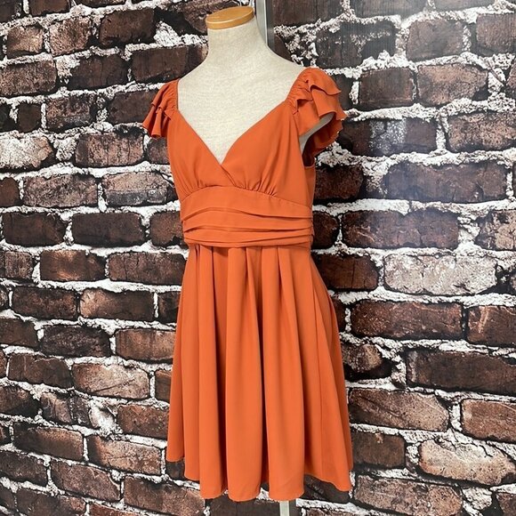 Mint Choco Just Right Rust Fit & Flare Dress Short Sleeve V-Neck Orange Size L - Picture 6 of 17